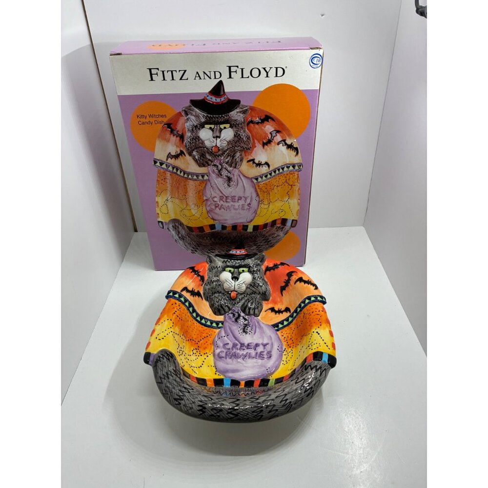 Fitz And Floyd Kitty Witches Ceramic Candy Dish Halloween Decor 11"